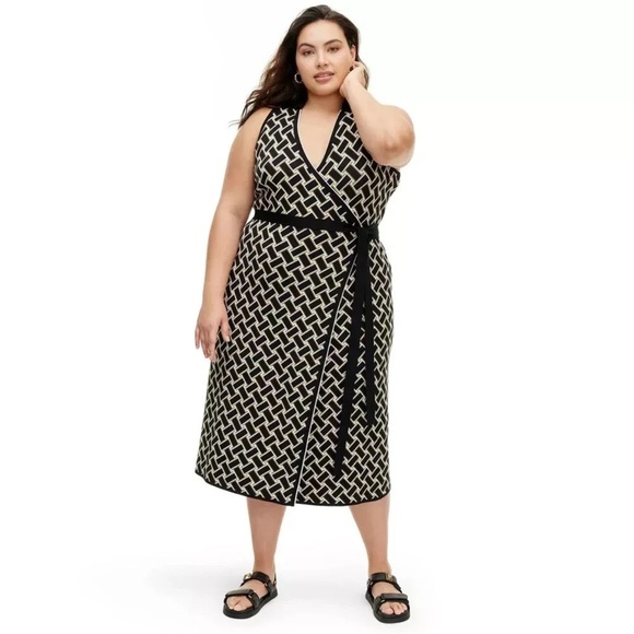 DVF Womens Collared Sleeveless Vintage Weave Neutral Sweaterknit Midi Wrap Dress - Picture 1 of 15